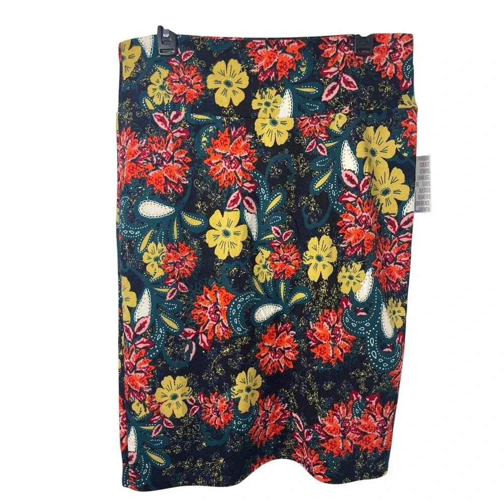 LuLaRoe Cassie Pencil Skirt XL‎ NWT Floral Paisley Navy Red Yellow Stretch Midi